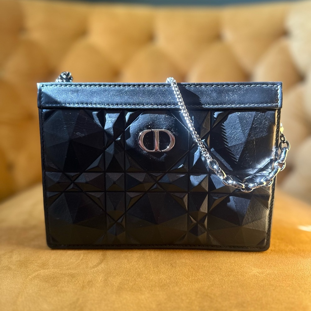Dior Caro Pouch in black diamond cannage with palladium chain.